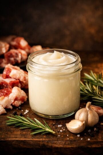 Glass jar of rendered beef tallow with rustic kitchen ingredients