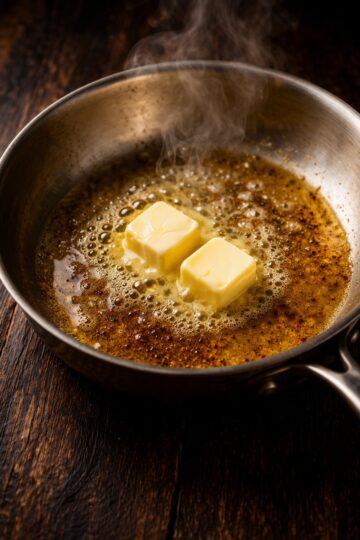 Butter melting in a hot skillet showing the first stage of browning