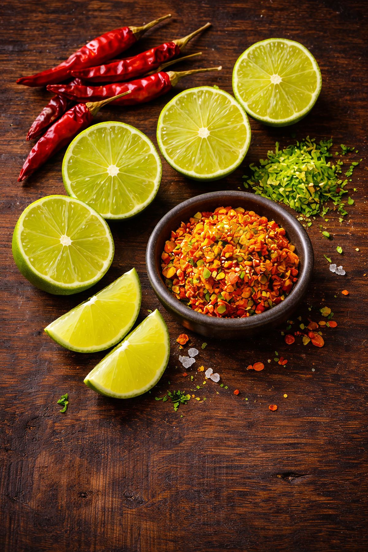 Chili lime and gochujang ingredients flat lay with fresh limes, red chilies, and spice bowls