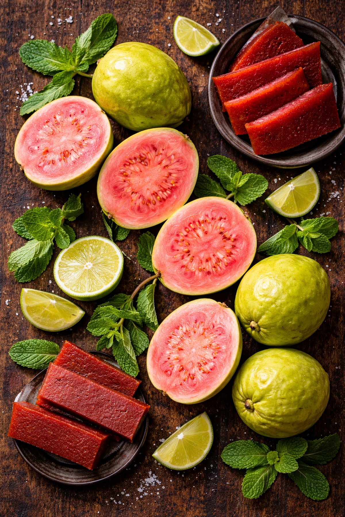 Fresh ripe guavas with mint leaves and lime on a wooden surface