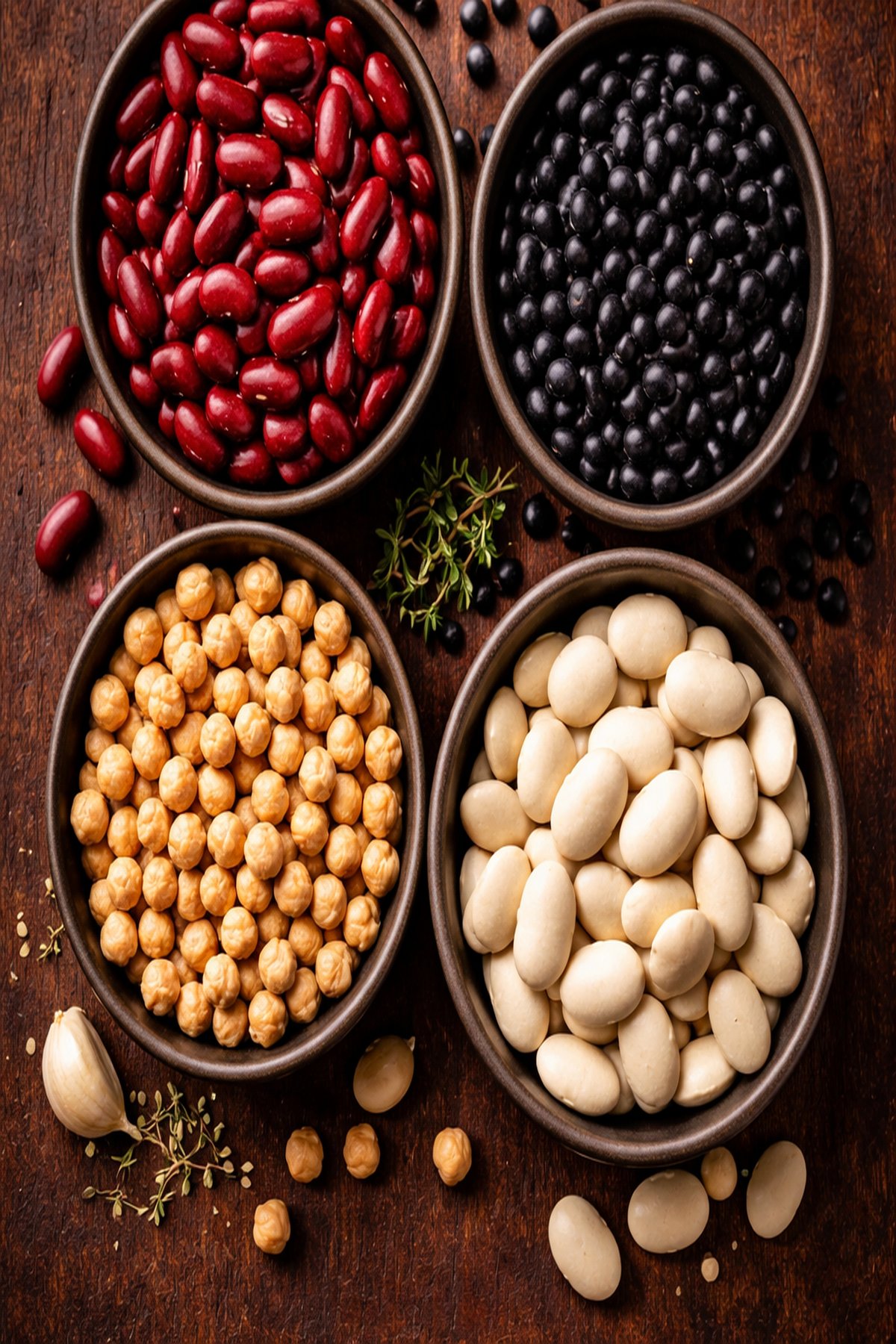 A rustic assortment of dried beans and legumes in wooden bowls