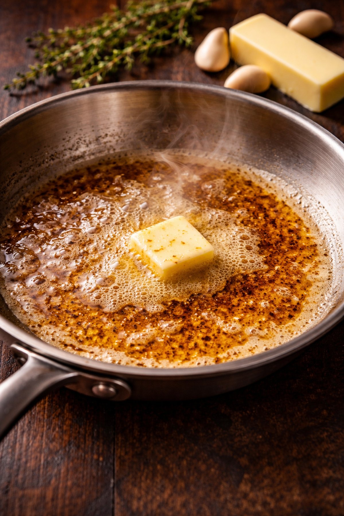 Bowl of rich browned butter with nutty golden color and toasted milk solids