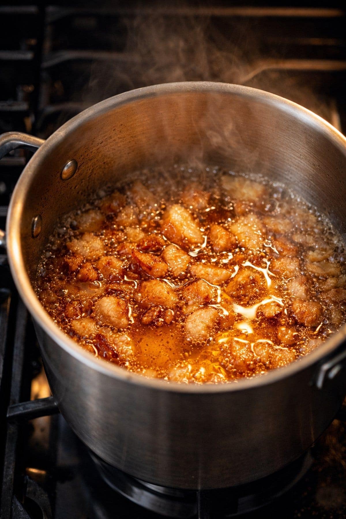 Beef fat rendering slowly in a stainless steel pot