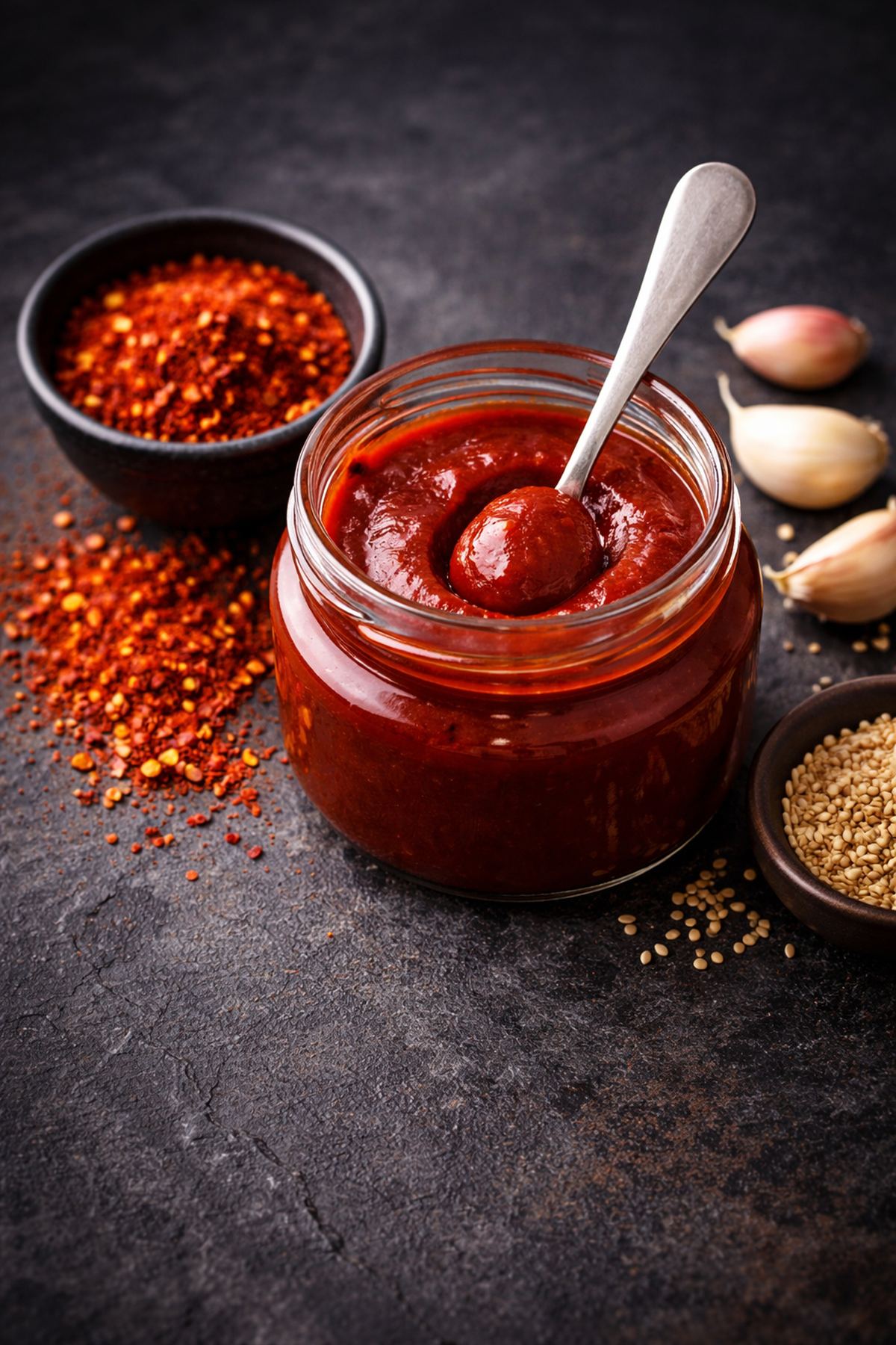 Gochujang paste close-up with Korean chili flakes and traditional ingredients