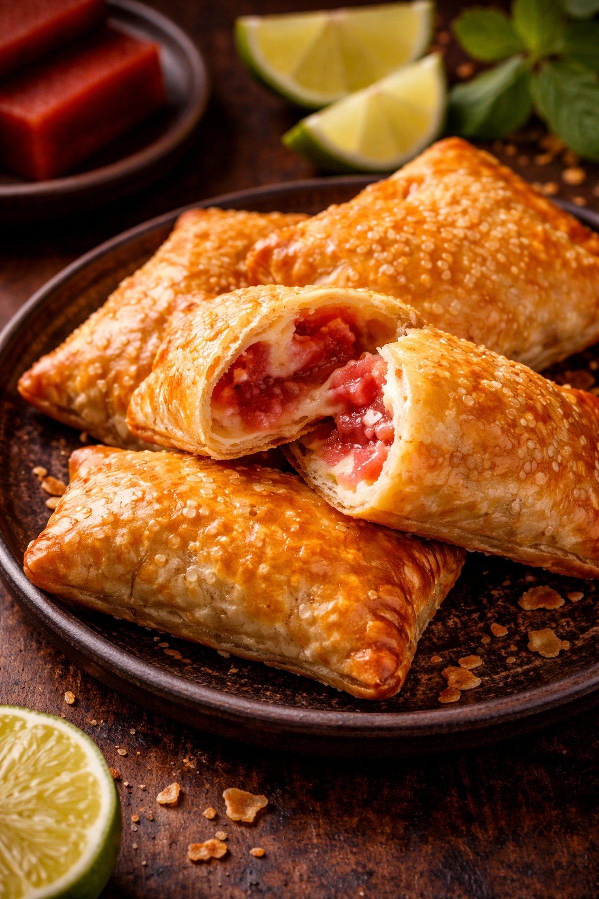 Golden flaky pastelitos de guayaba y queso on a rustic plate