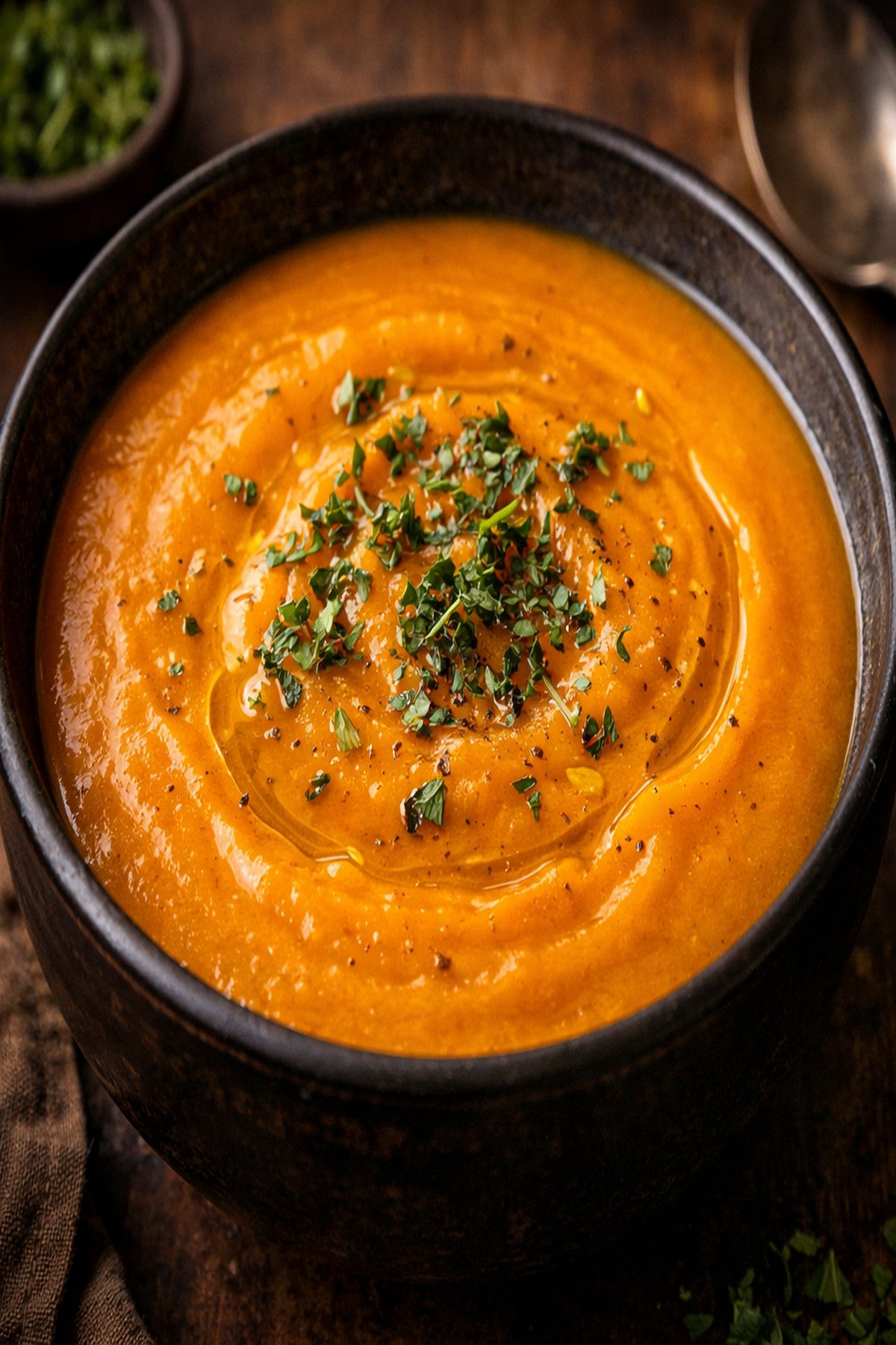 Close-up of velvety Dominican auyama pumpkin soup with a creamy swirl
