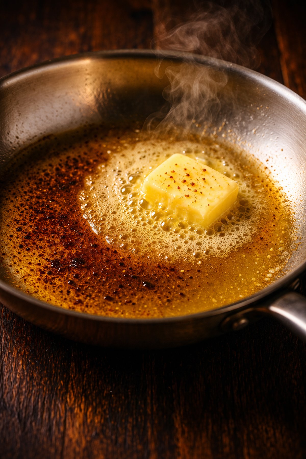 Crispy tostones drizzled with browned butter on a serving plate