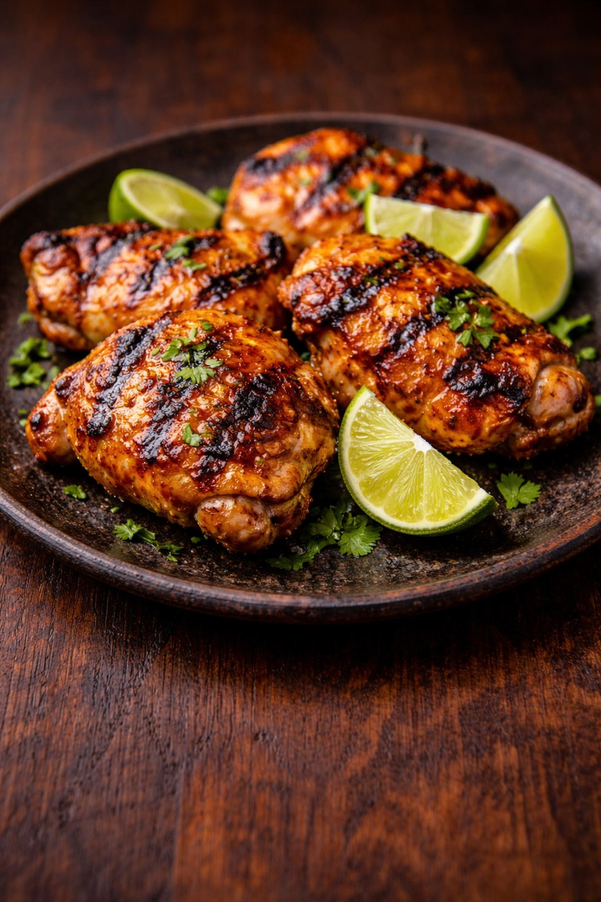Grilled chili lime chicken thighs with charred edges and fresh lime garnish
