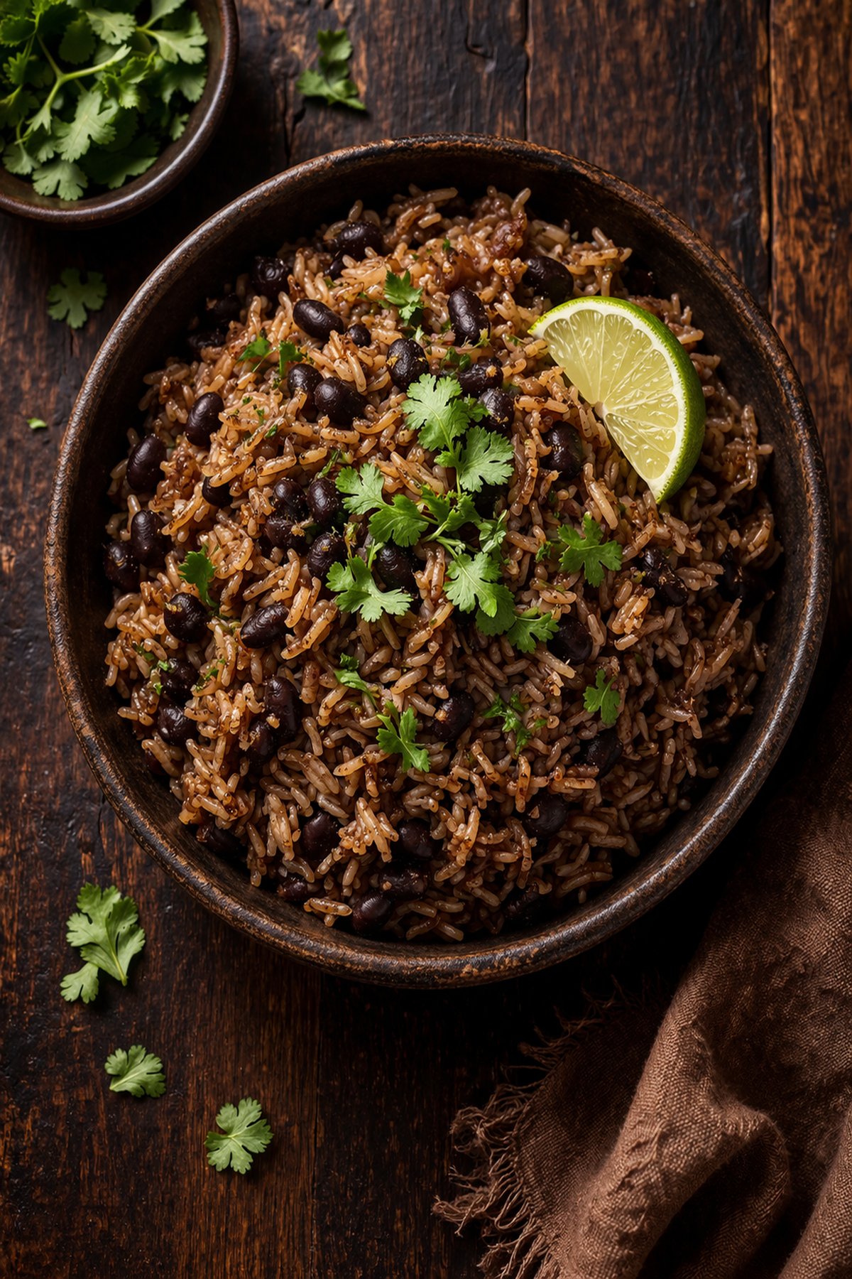 An overhead shot of a rustic bowl of moro rice and beans