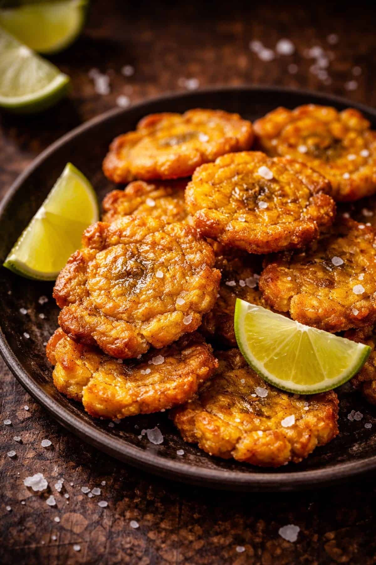 Golden crispy tostones fried in beef tallow with lime wedges