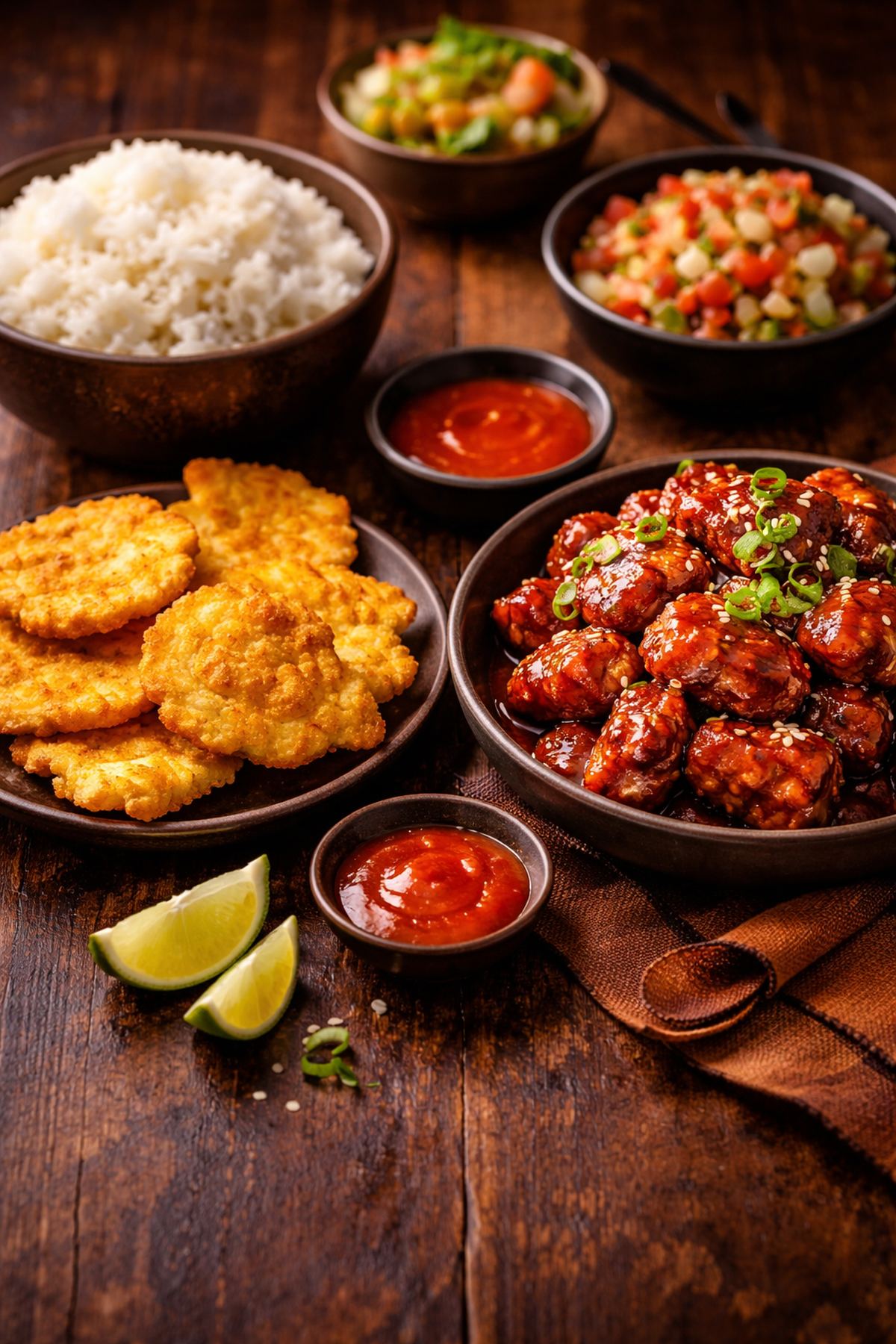 Caribbean feast spread with tostones, rice, and tropical sides