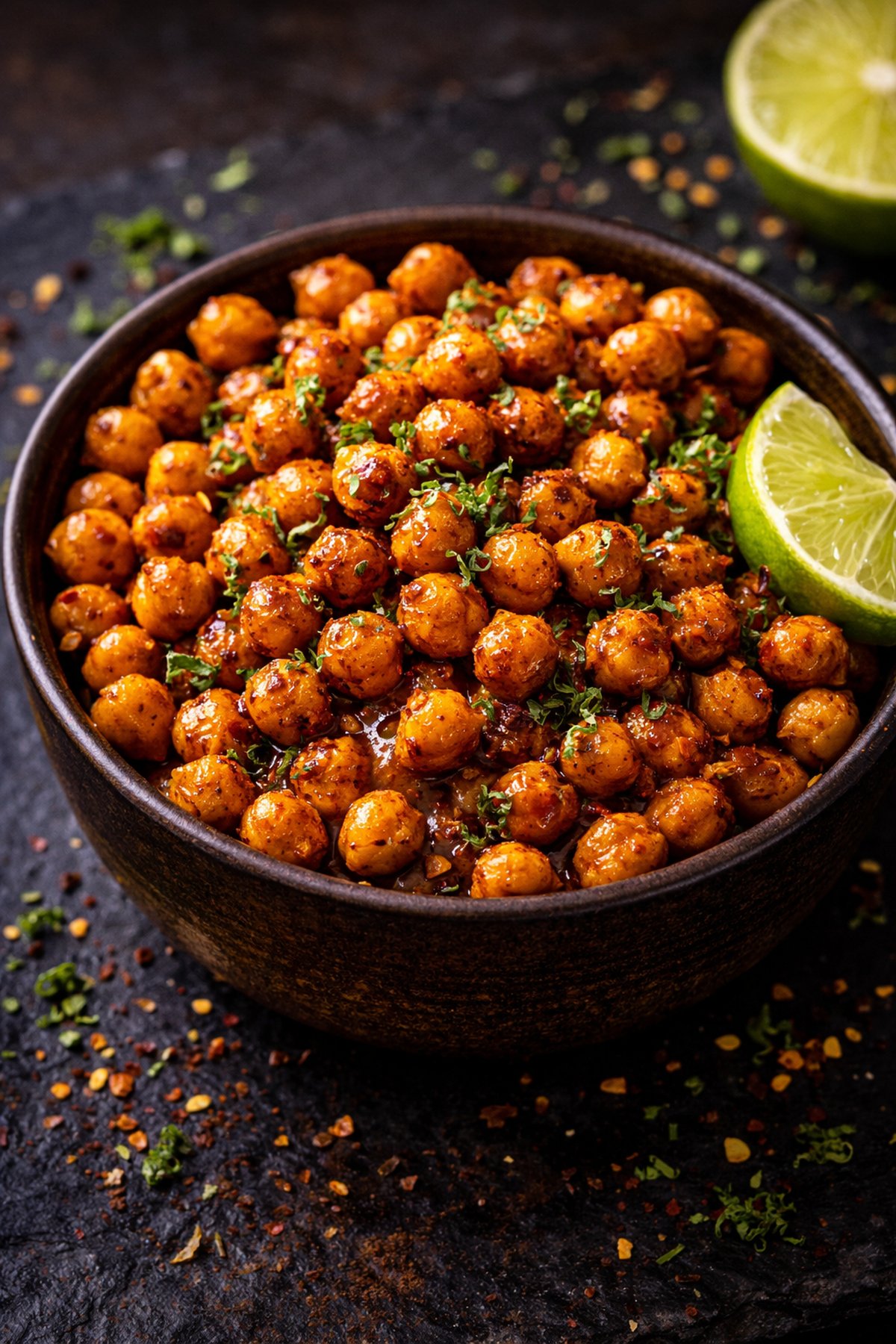 Crispy chili-lime roasted chickpeas in a rustic bowl