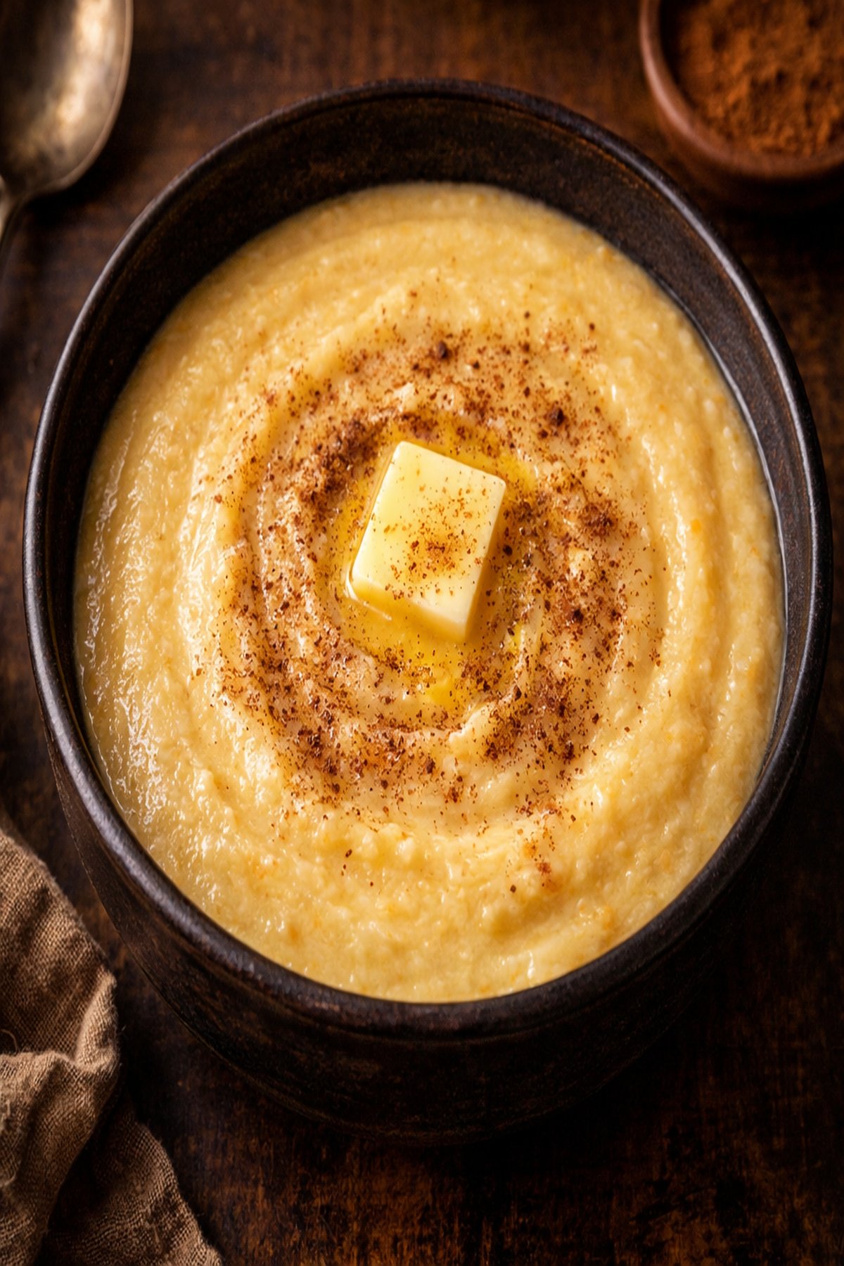 Golden crema de maíz cornmeal porridge topped with cinnamon