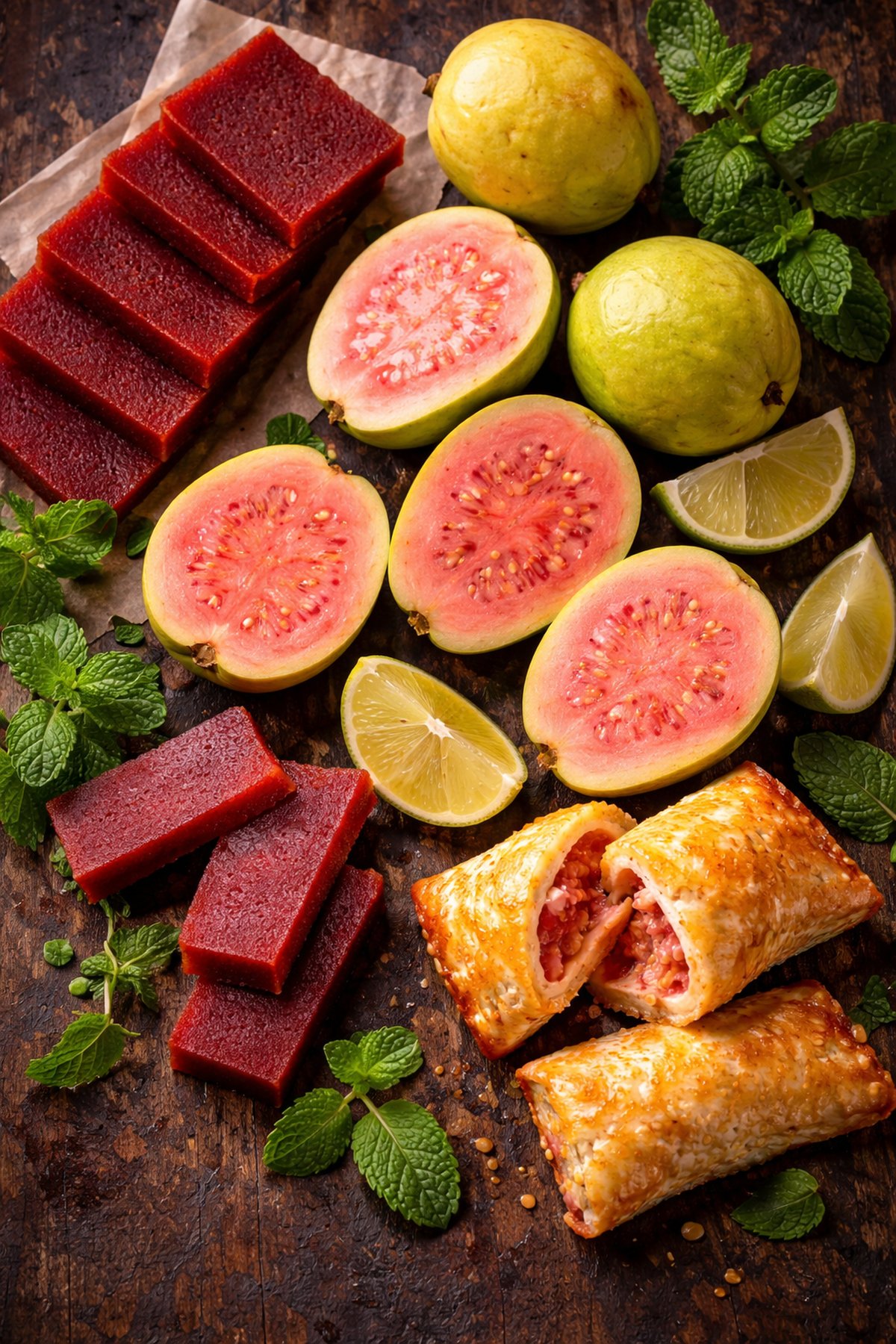A vibrant still life of fresh guavas and limes on a rustic surface