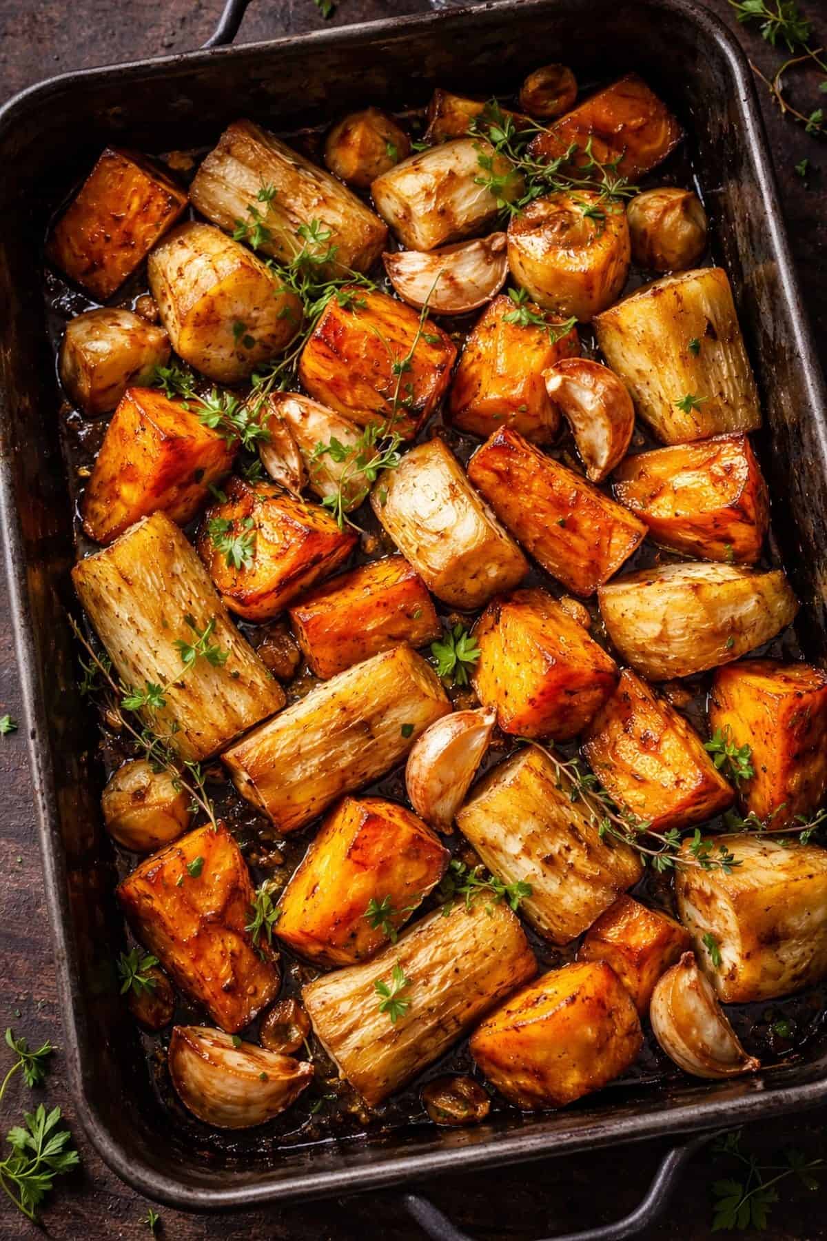 Roasted Caribbean root vegetables caramelized in beef tallow