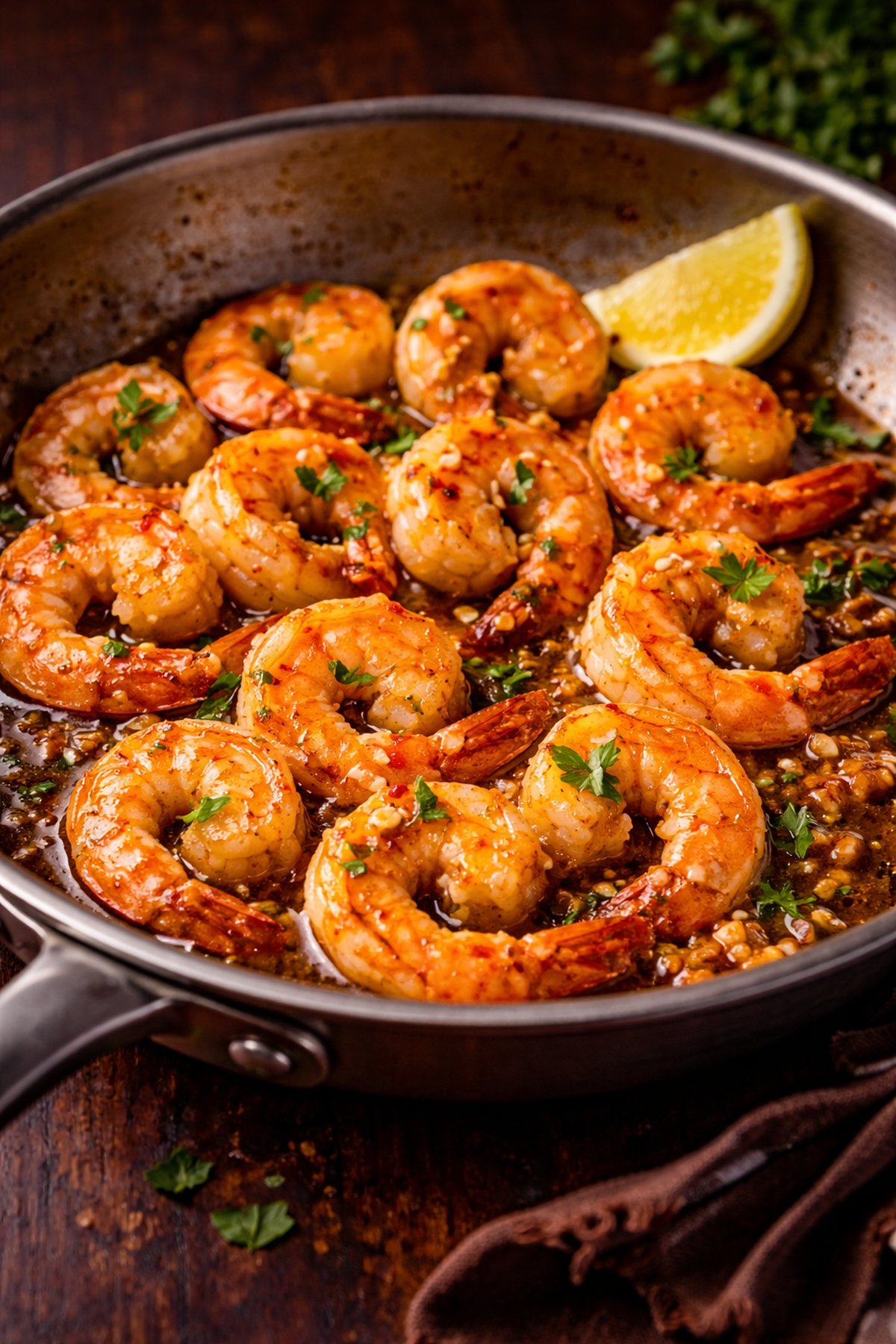 Golden shrimp sauteed in browned butter with garlic and herbs