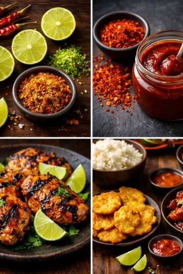 Chili lime and gochujang seasoning selection arranged on wooden board