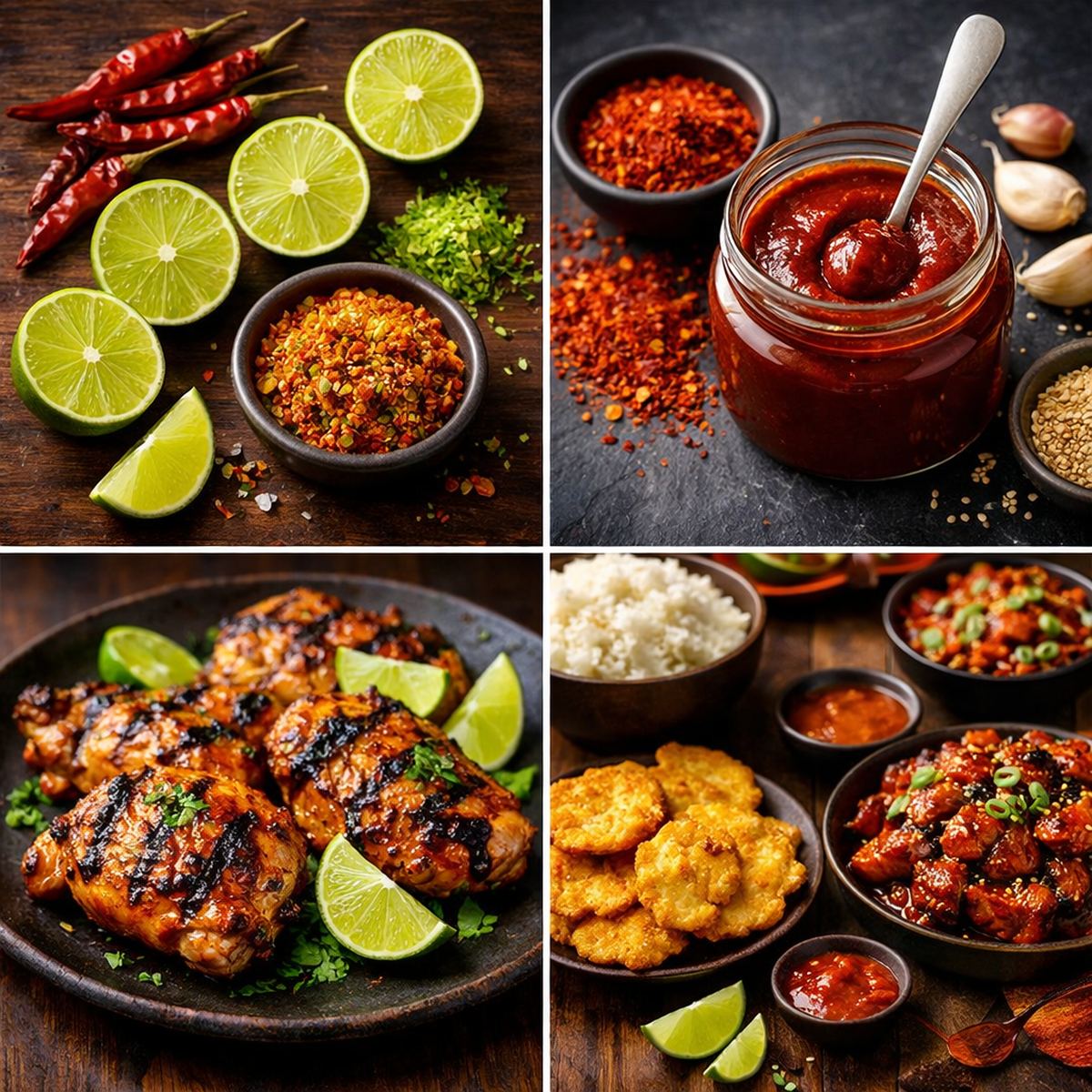 Chili lime and gochujang seasoning selection arranged on wooden board