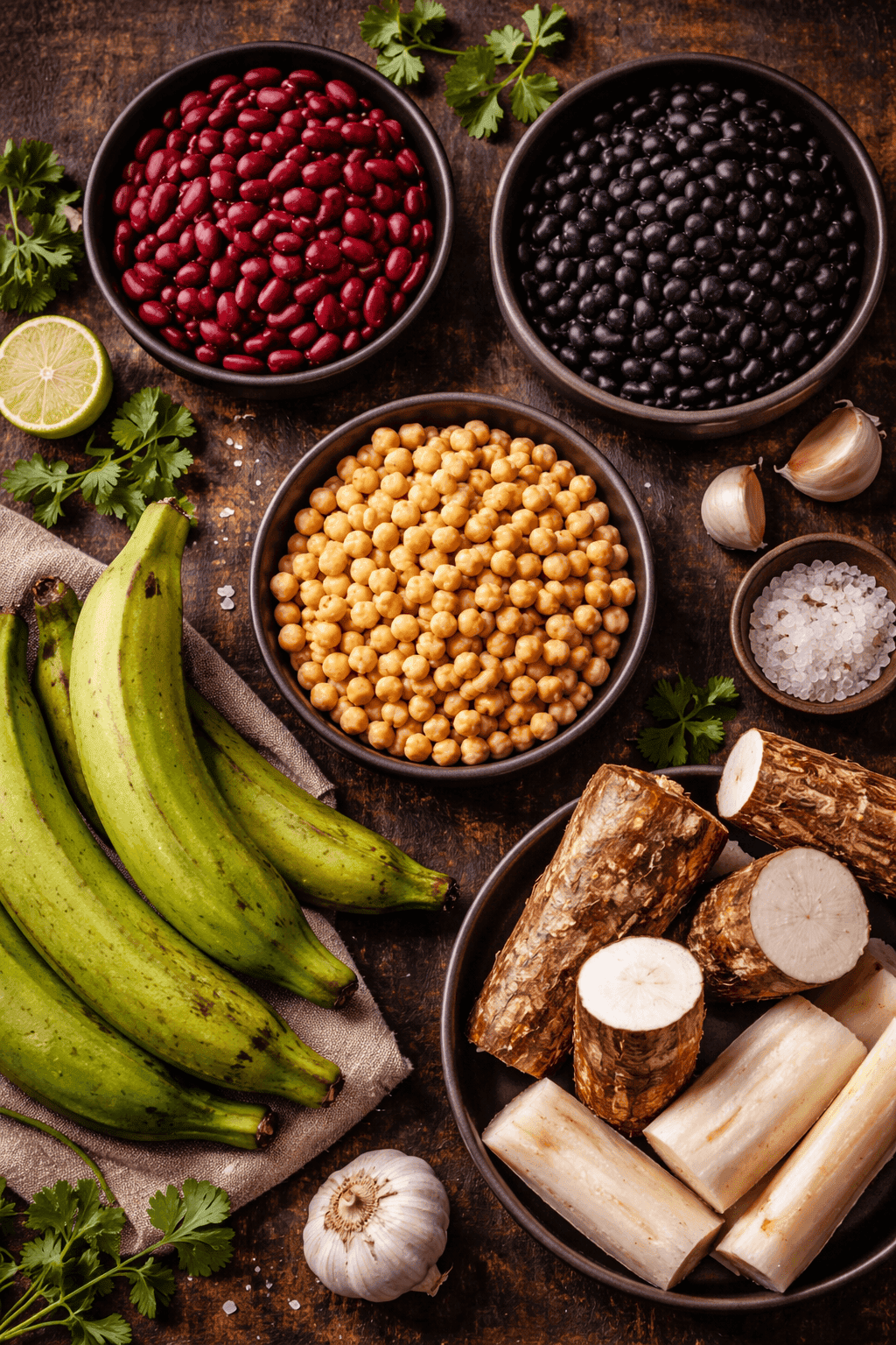 Flat lay of high-fiber Caribbean ingredients including red kidney beans, black beans, green plantains, yuca root, and chickpeas