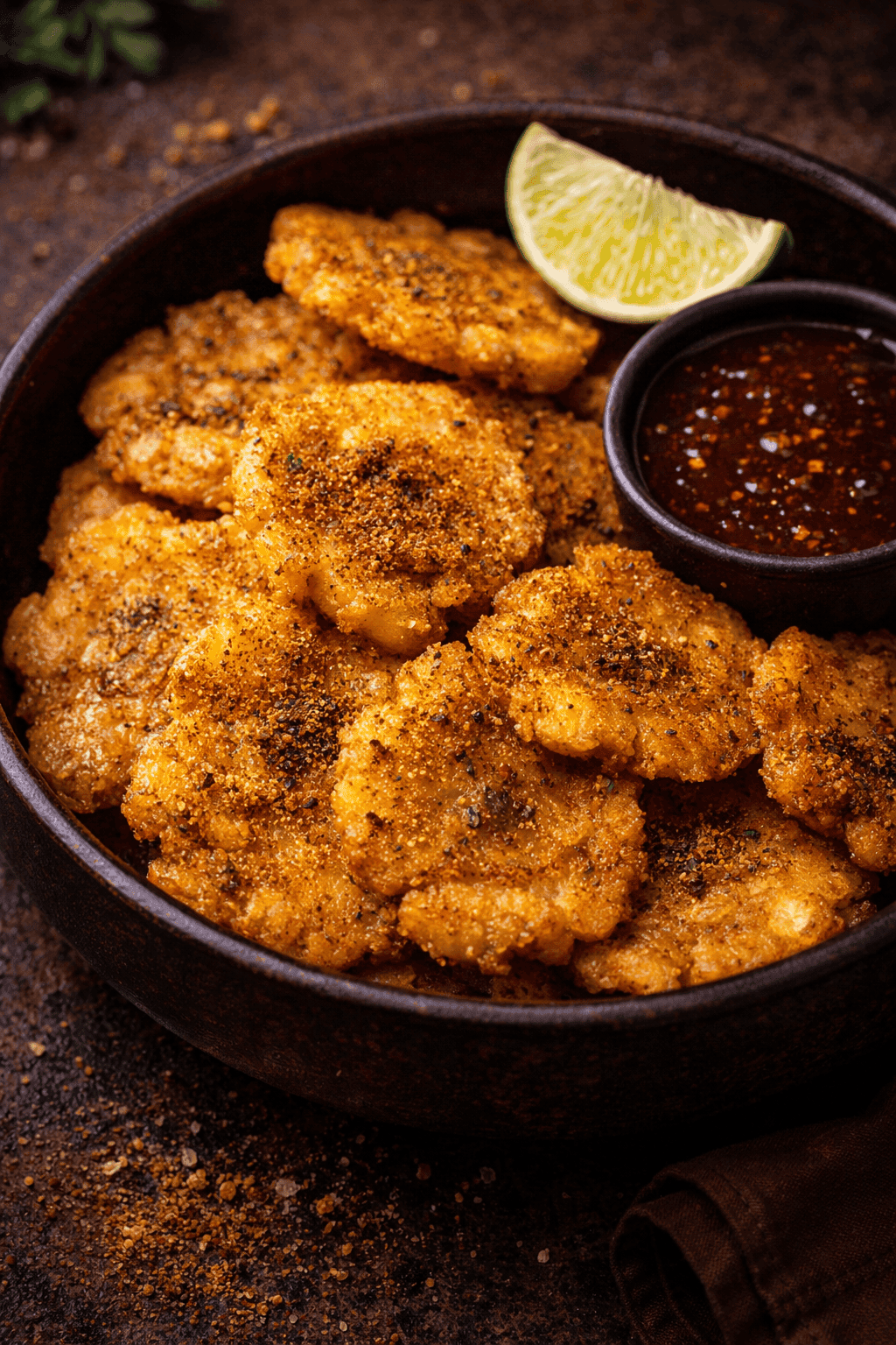 Crispy tostones dusted with chaat masala spice blend served with lime and tamarind-chili dipping sauce