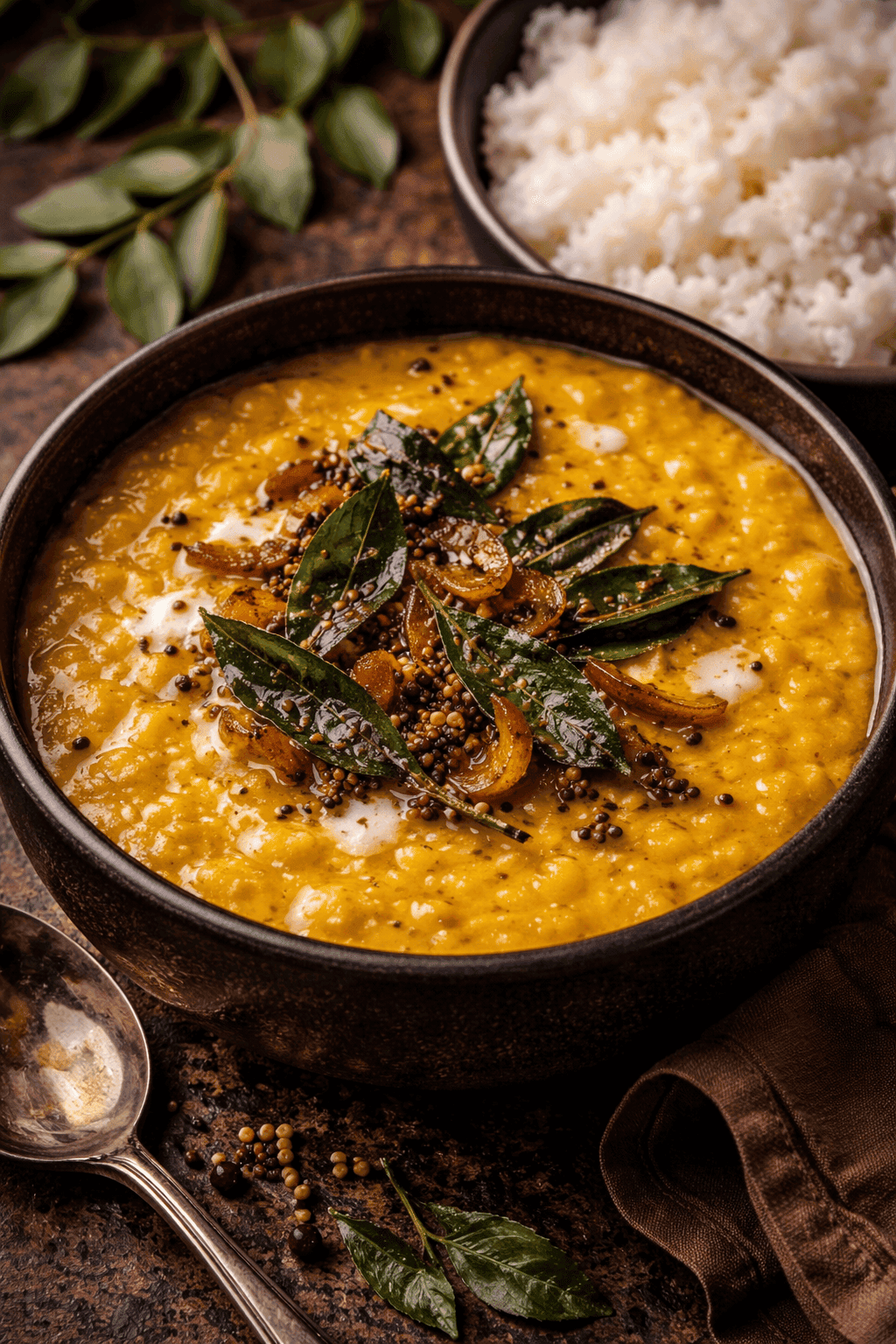 Caribbean dahl — creamy golden yellow split lentil soup garnished with mustard seeds and curry leaves, served with white rice