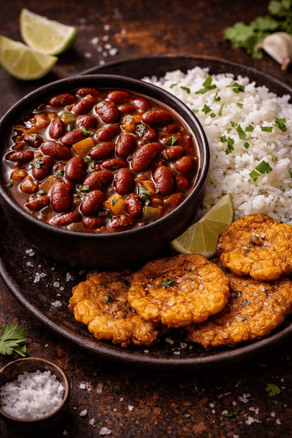 Dominican habichuelas guisadas with white rice and crispy tostones on a dark rustic plate