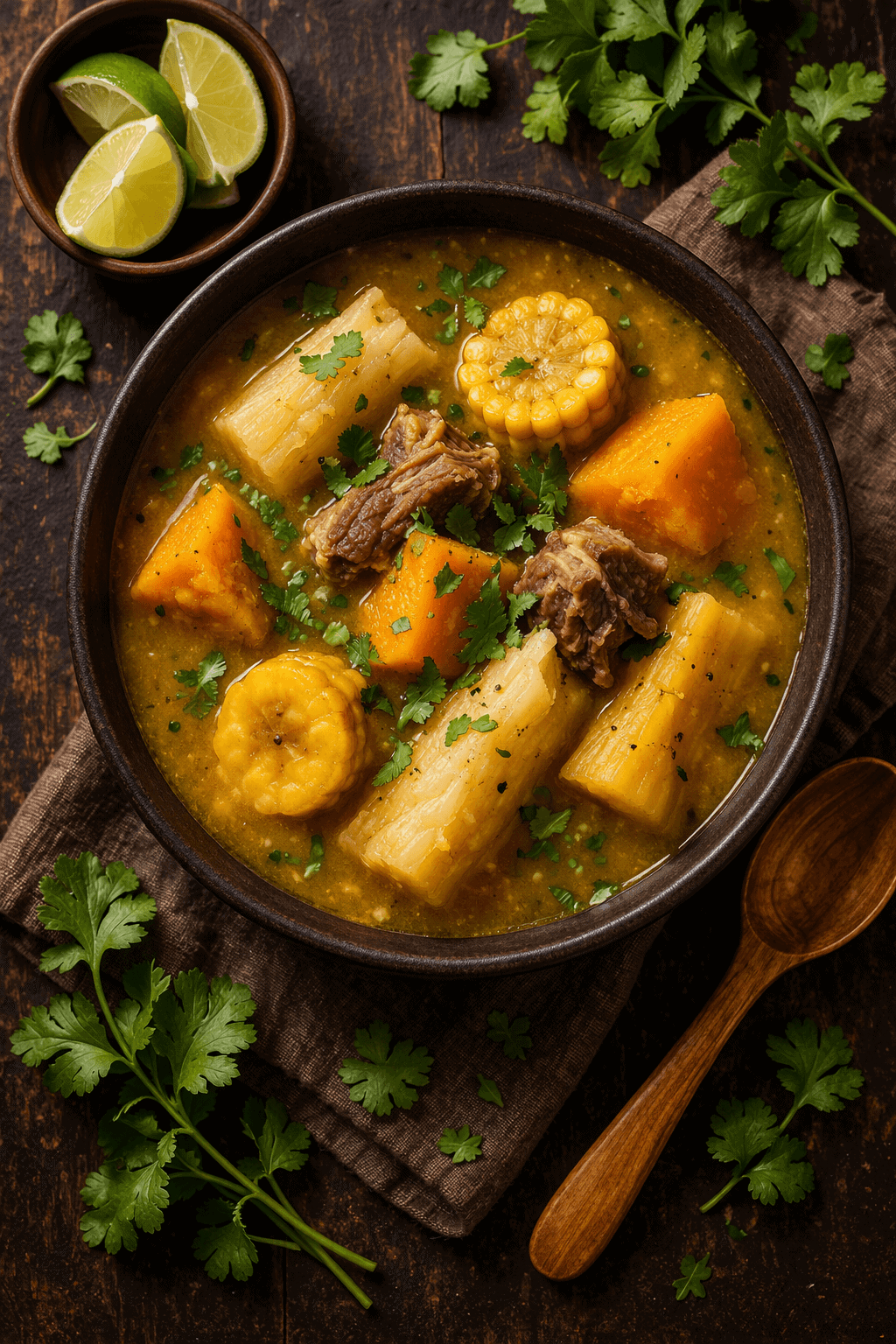 Dominican sancocho with yuca, plantain and cilantro garnish in a rustic dark bowl
