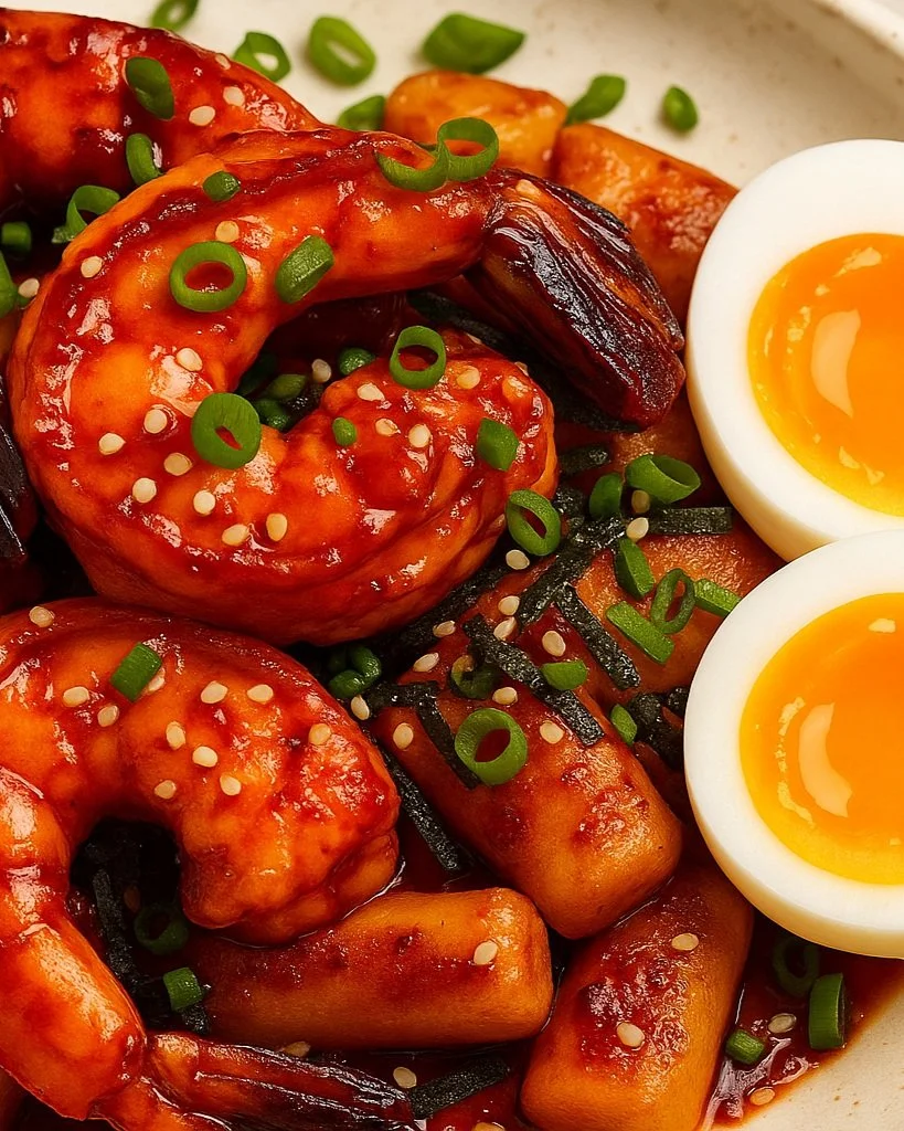 Korean Gochujang Shrimp with Crispy Rice Cakes