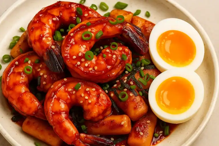 Korean Gochujang Shrimp with Crispy Rice Cakes
