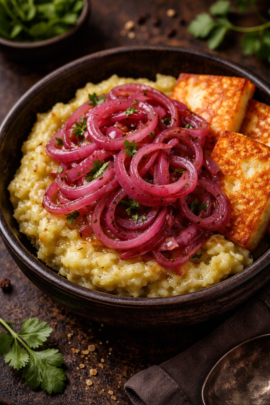 Dominican mangú with pickled red onions, fried white cheese, and crispy salami