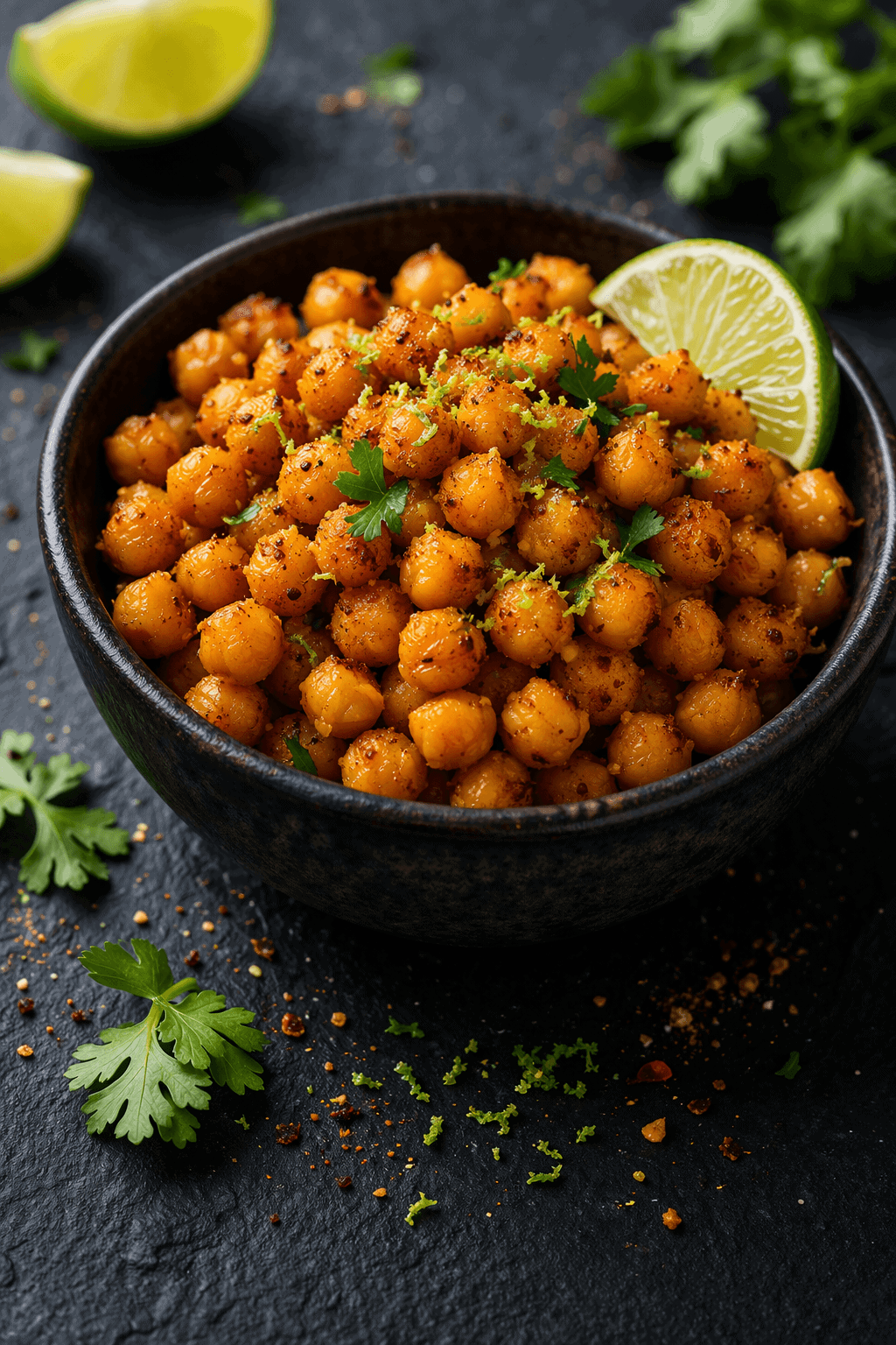 Roasted chili-lime chickpeas garnished with lime zest and fresh cilantro in a dark ceramic bowl