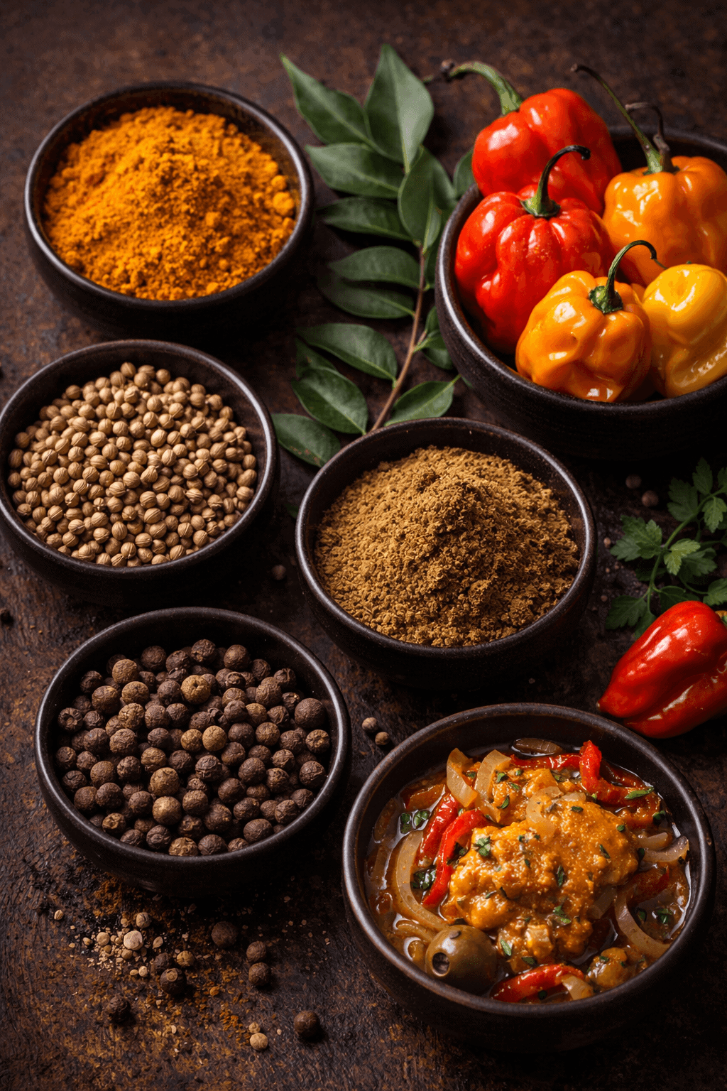 Indian and Caribbean spices side by side — turmeric, cumin, coriander, curry leaves, and scotch bonnet peppers in dark ceramic bowls