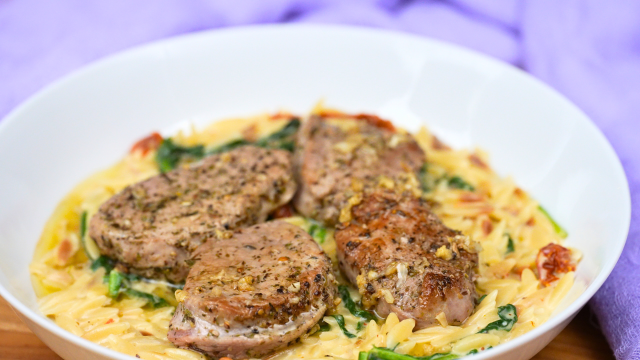 Creamy Tuscan Pork Medallions with Garlic Butter Orzo