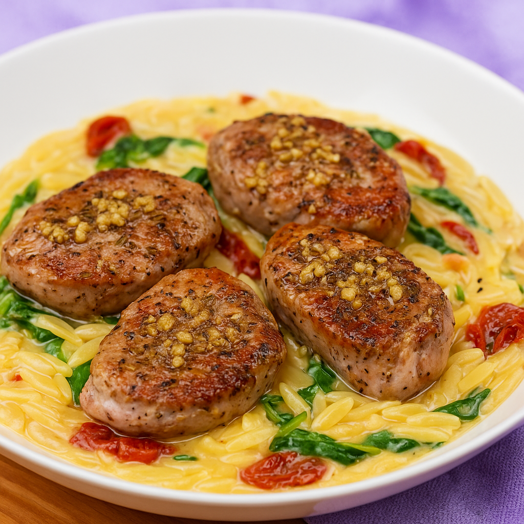 Creamy Tuscan Garlic Butter Pork Medallions with Orzo
