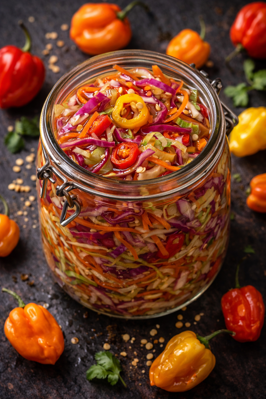 Glass mason jar filled with vibrant pikliz — shredded cabbage, carrots, and scotch bonnet peppers in vinegar brine