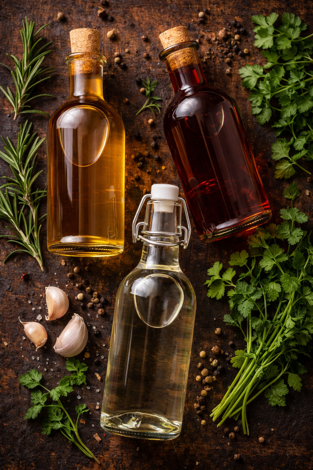 Various vinegar bottles surrounded by fresh herbs, garlic, and peppercorns on a dark wooden surface