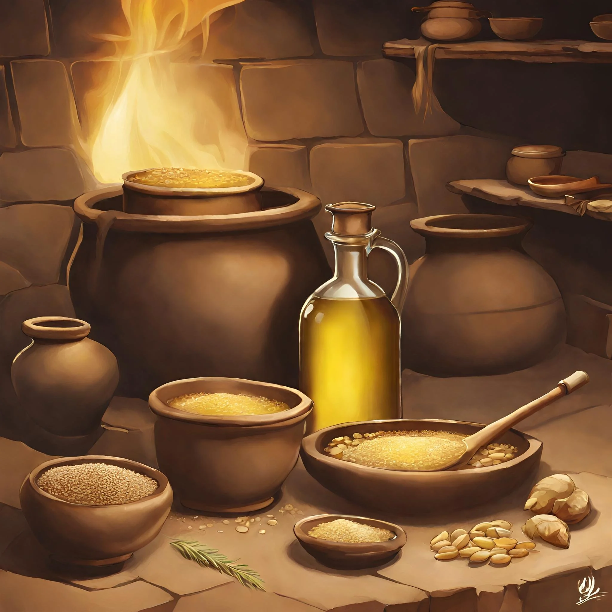 A painting of a rustic kitchen scene with various bowls and jars filled with grains and seeds, a bottle of oil, and a cooking pot emitting steam or smoke, set against a stone wall.