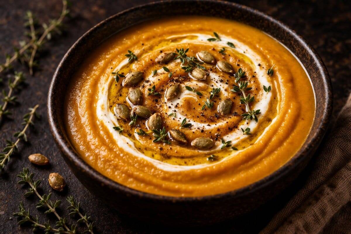Cozy autumn soup with creamy swirl