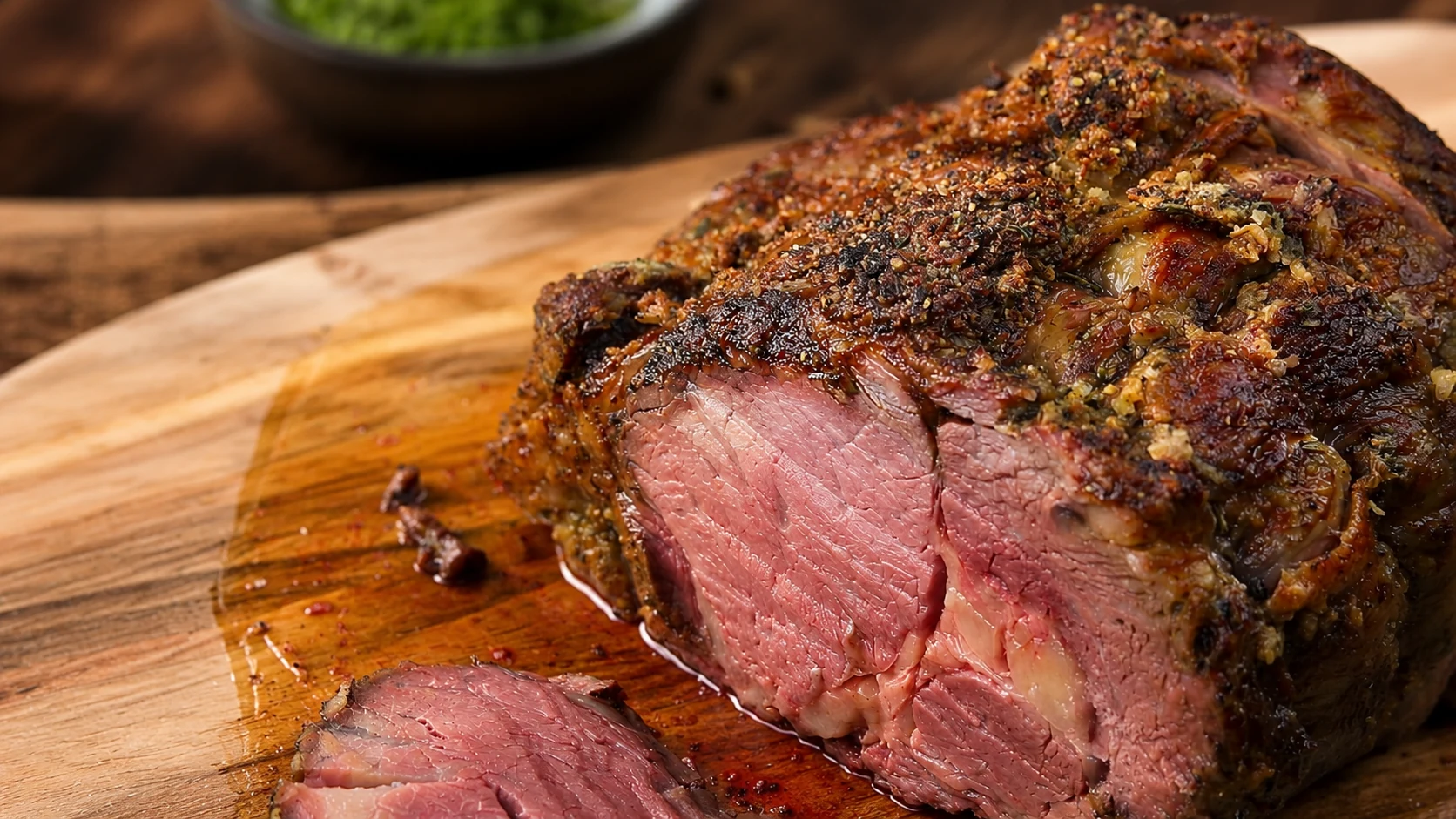 Juicy garlic crusted prime rib roast, sliced to show the rosy pink medium-rare center