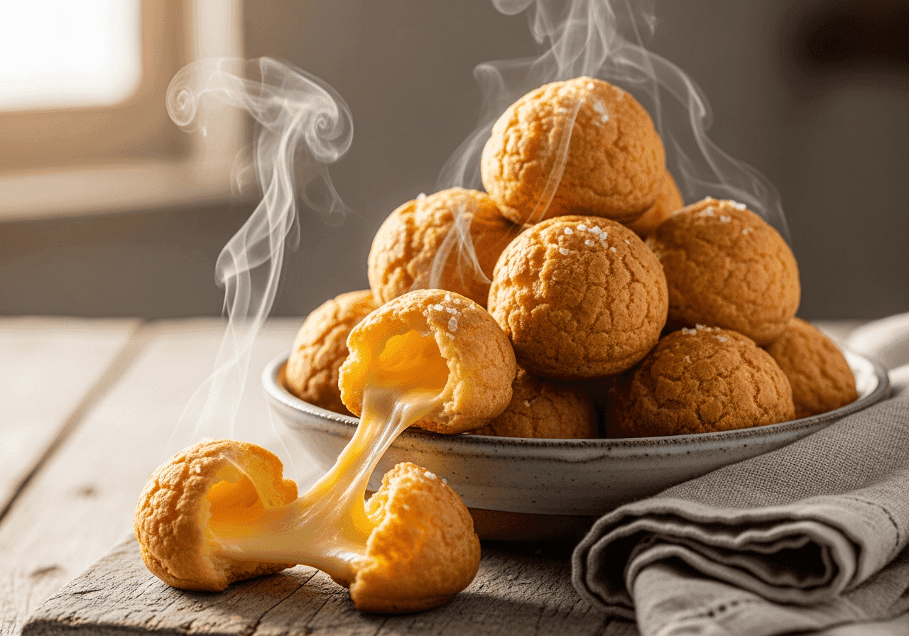 golden gougères French cheese puffs in a rustic bowl