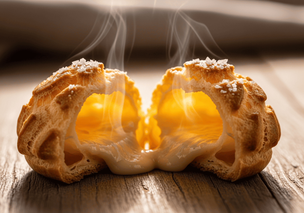 gougère broken in half showing hollow cheesy interior