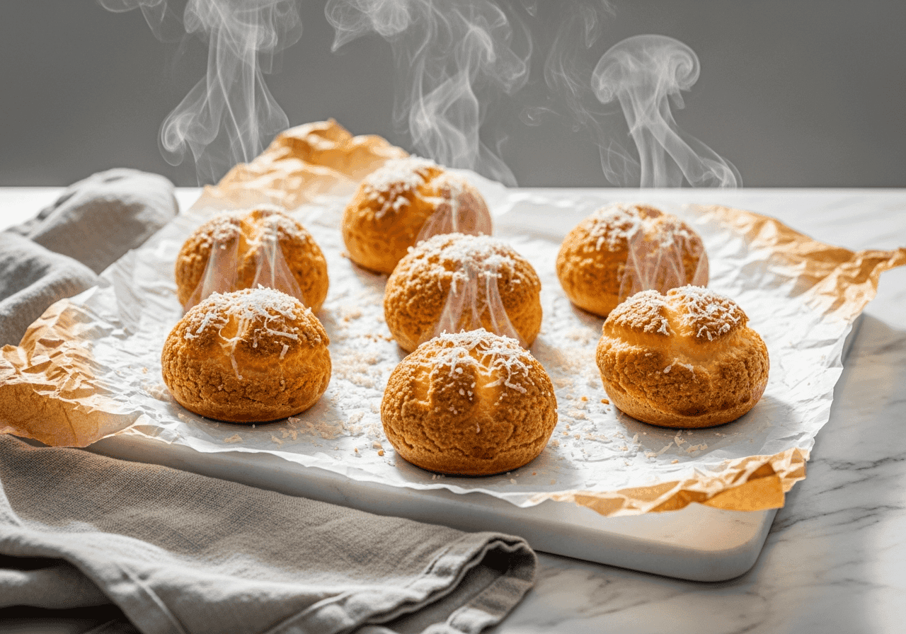 gougères fresh from oven on marble countertop