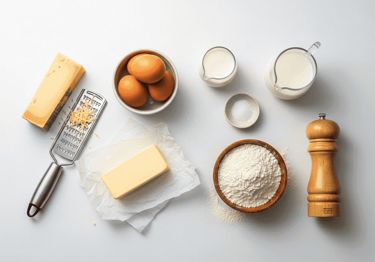 gougères ingredients flat lay gruyere eggs butter flour