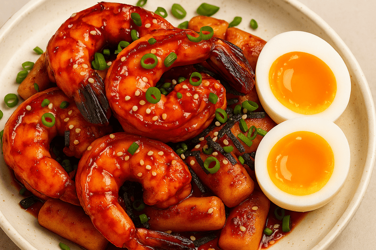 Korean Gochujang Shrimp with Crispy Rice Cakes and Jammy Eggs