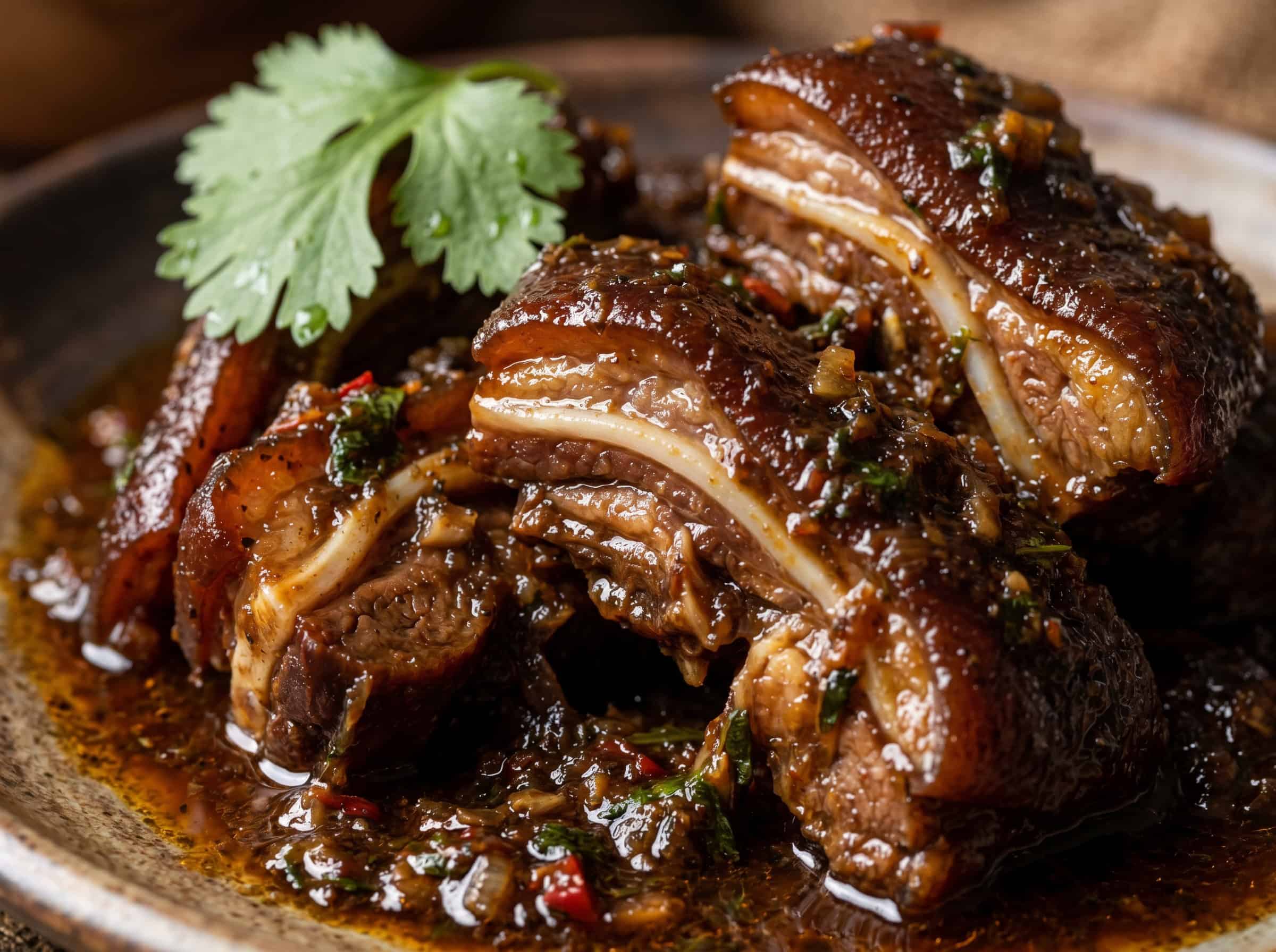 Close up of Dominican orejitas de cerdo texture and braising sauce