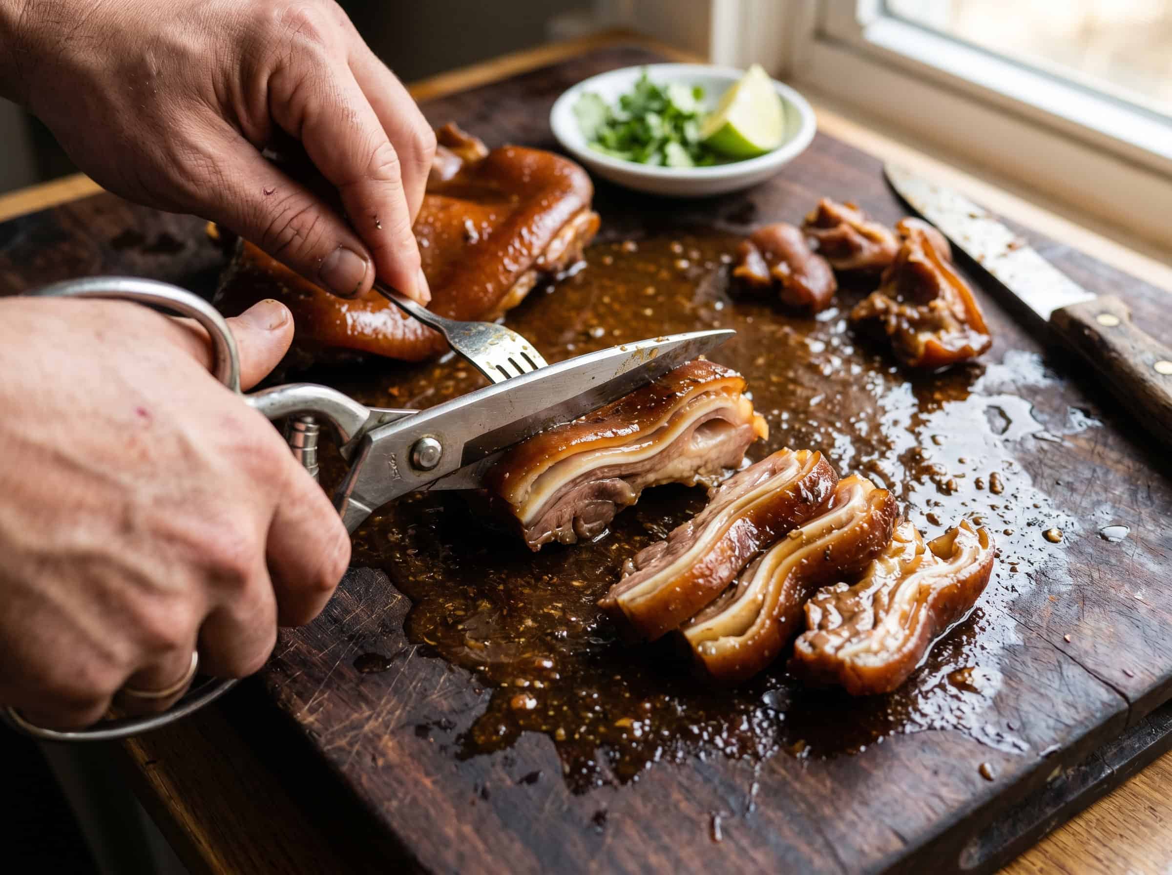 Cutting Dominican braised pig ears with kitchen shears