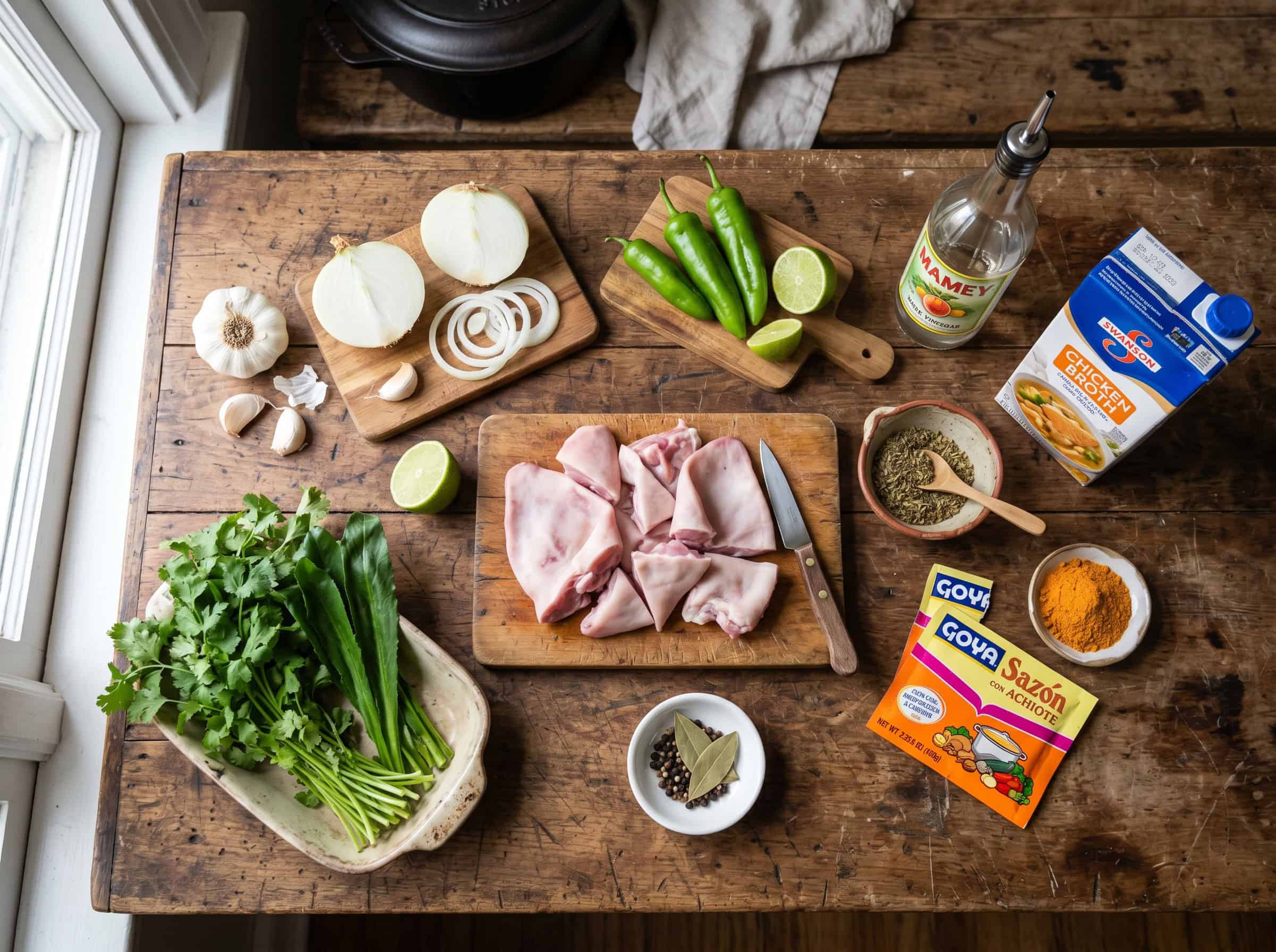 Dominican orejitas de cerdo ingredients laid out on kitchen counter