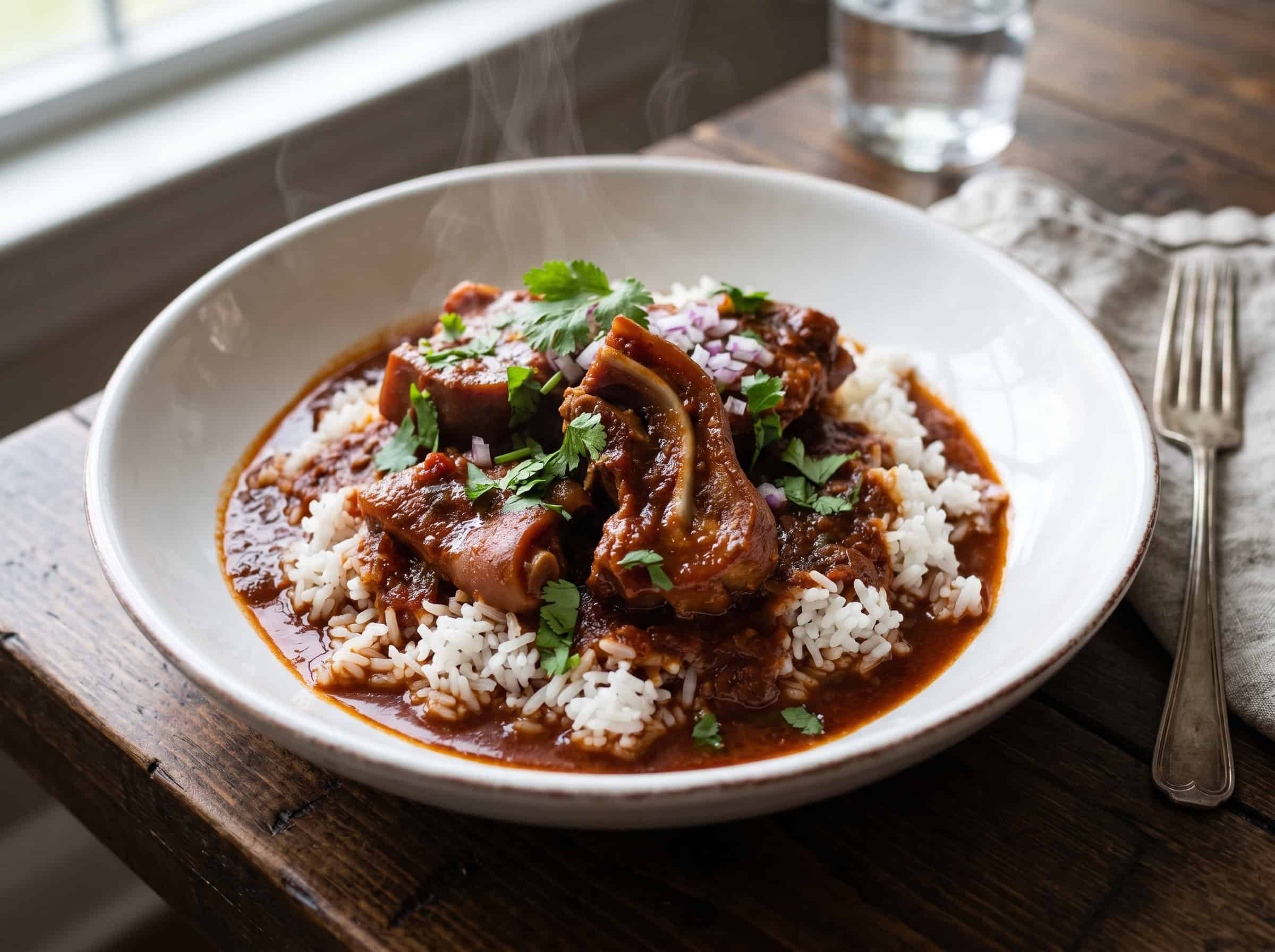 Serving Dominican braised pig ears over white jasmine rice