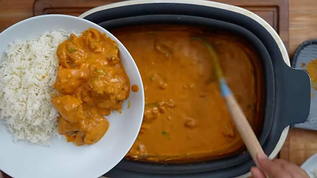 Slow cooker butter chicken served with basmati rice