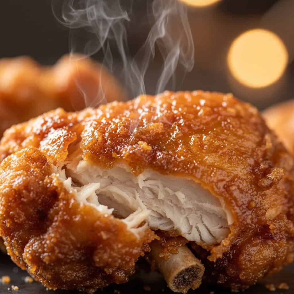 Closeup of crispy chicharrón de pollo showing the shattered golden coating on bone-in chicken